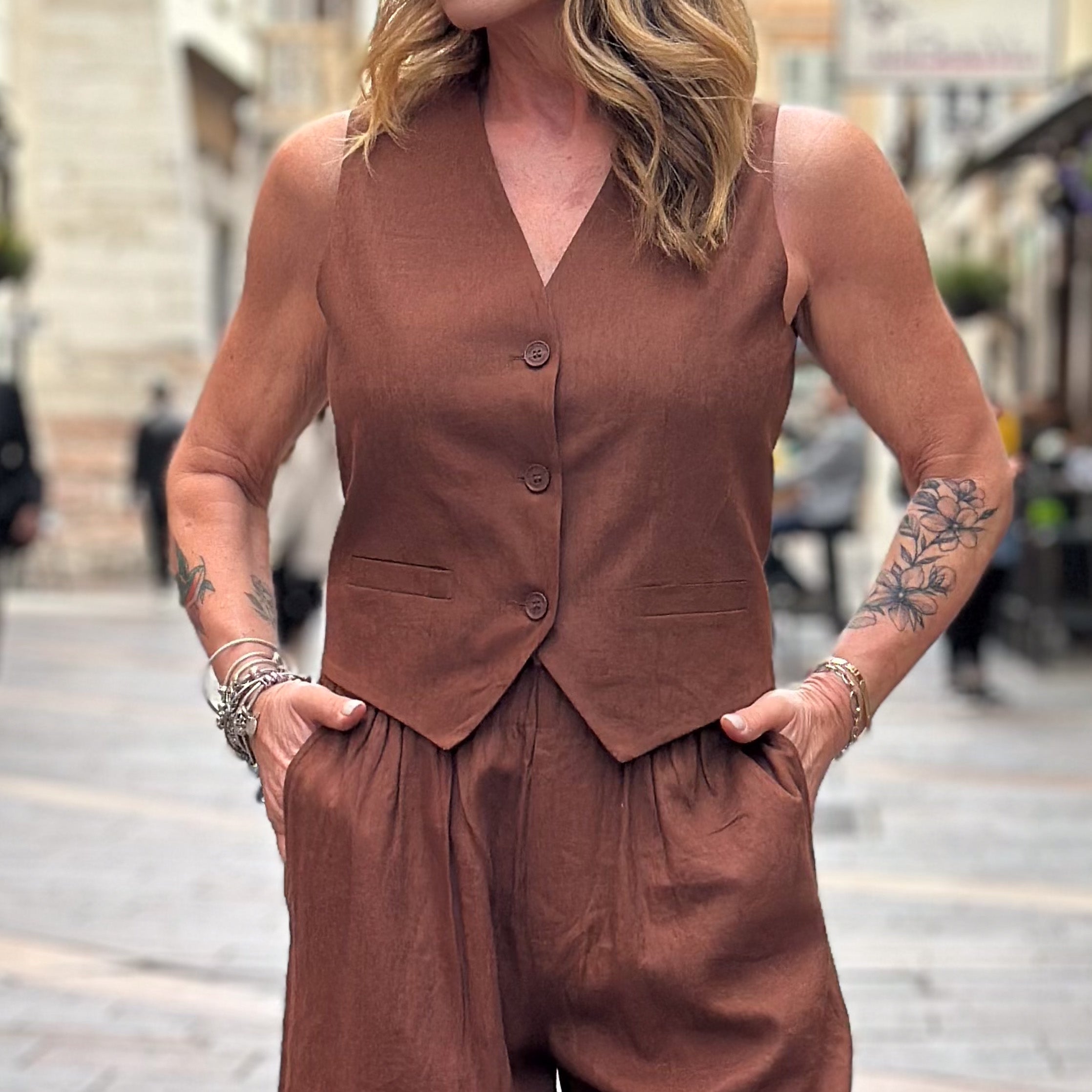 Gilet in lino - Hinnominate - Marrone e Bianco