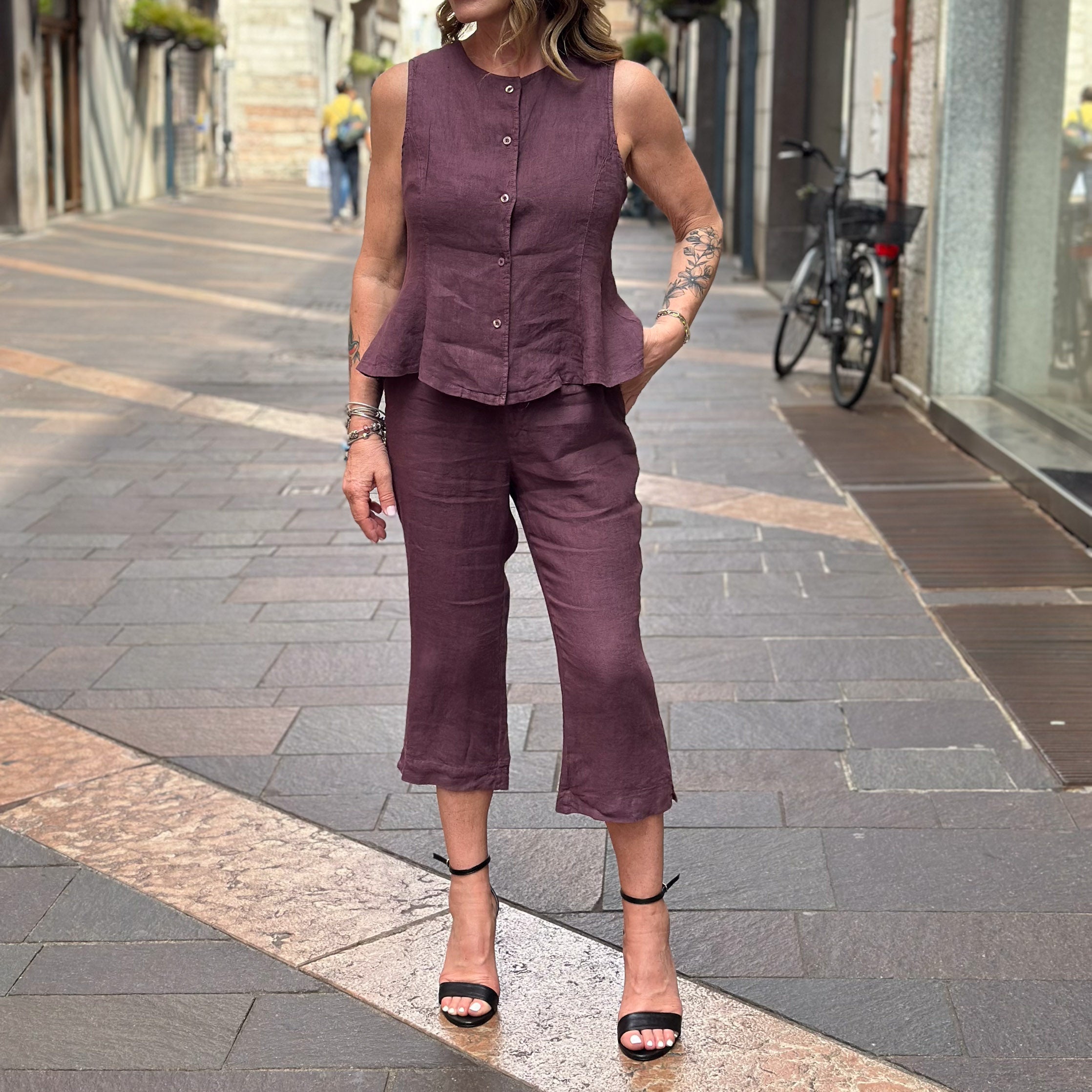 Pantalone in lino Susy Mix - Fico e Marrone