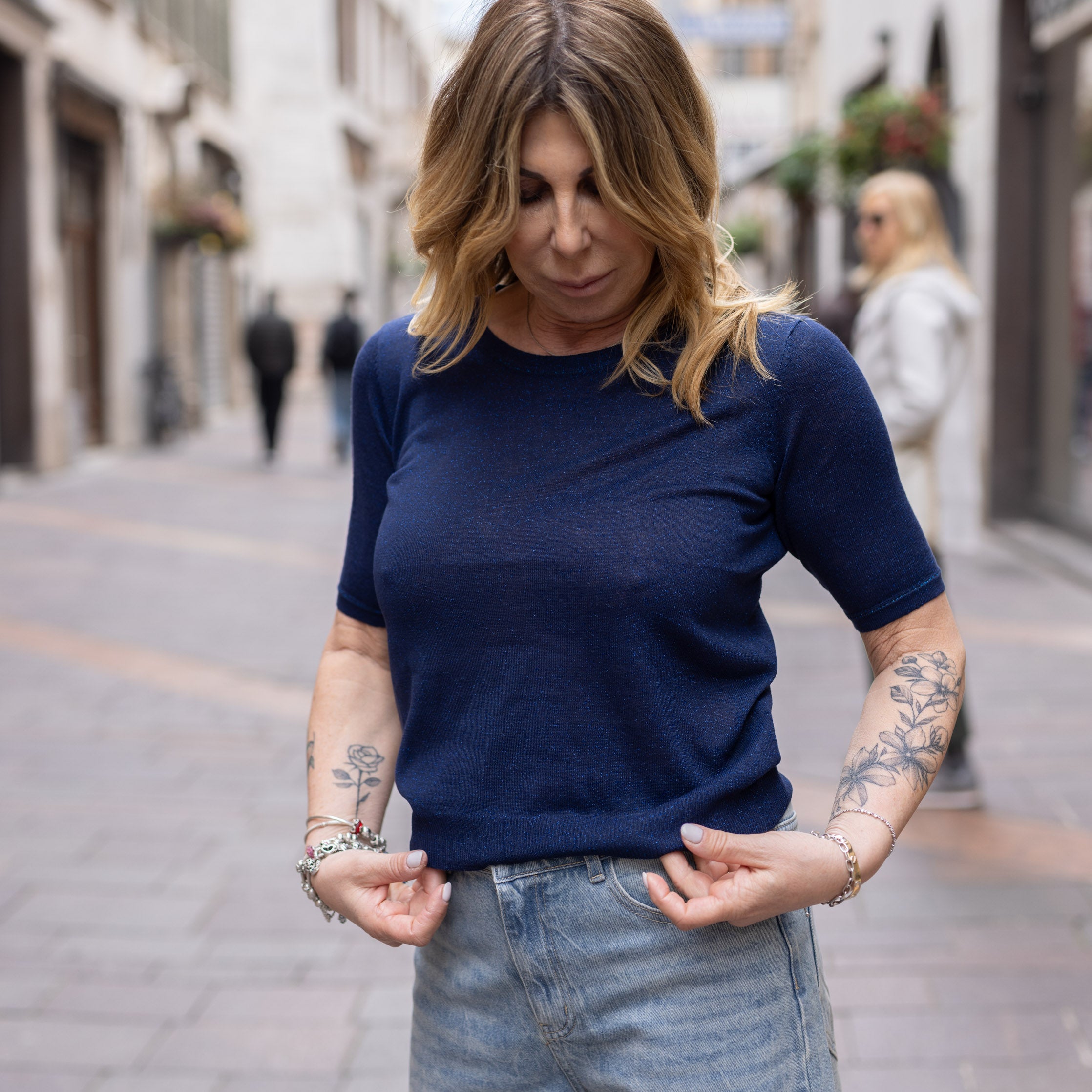 Maglia Brigitta in lurex - manica a 3/4 - Blu