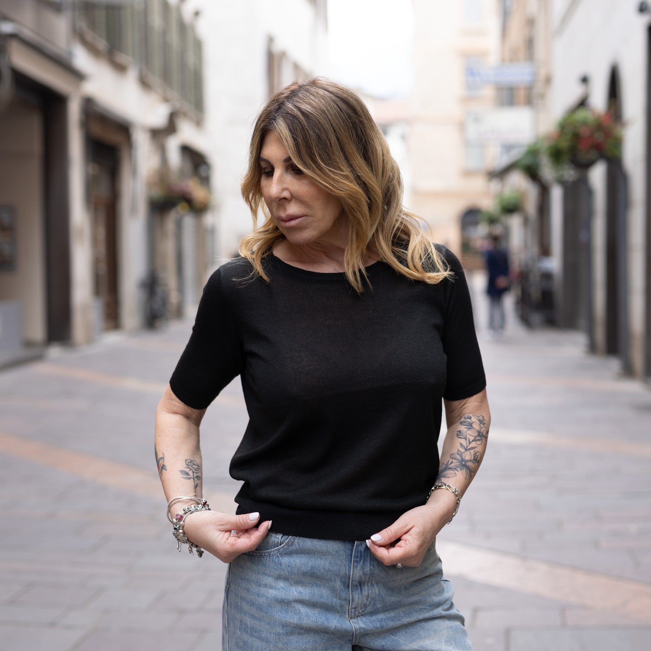 Maglia Brigitta in lurex - manica a 3/4 - Nera