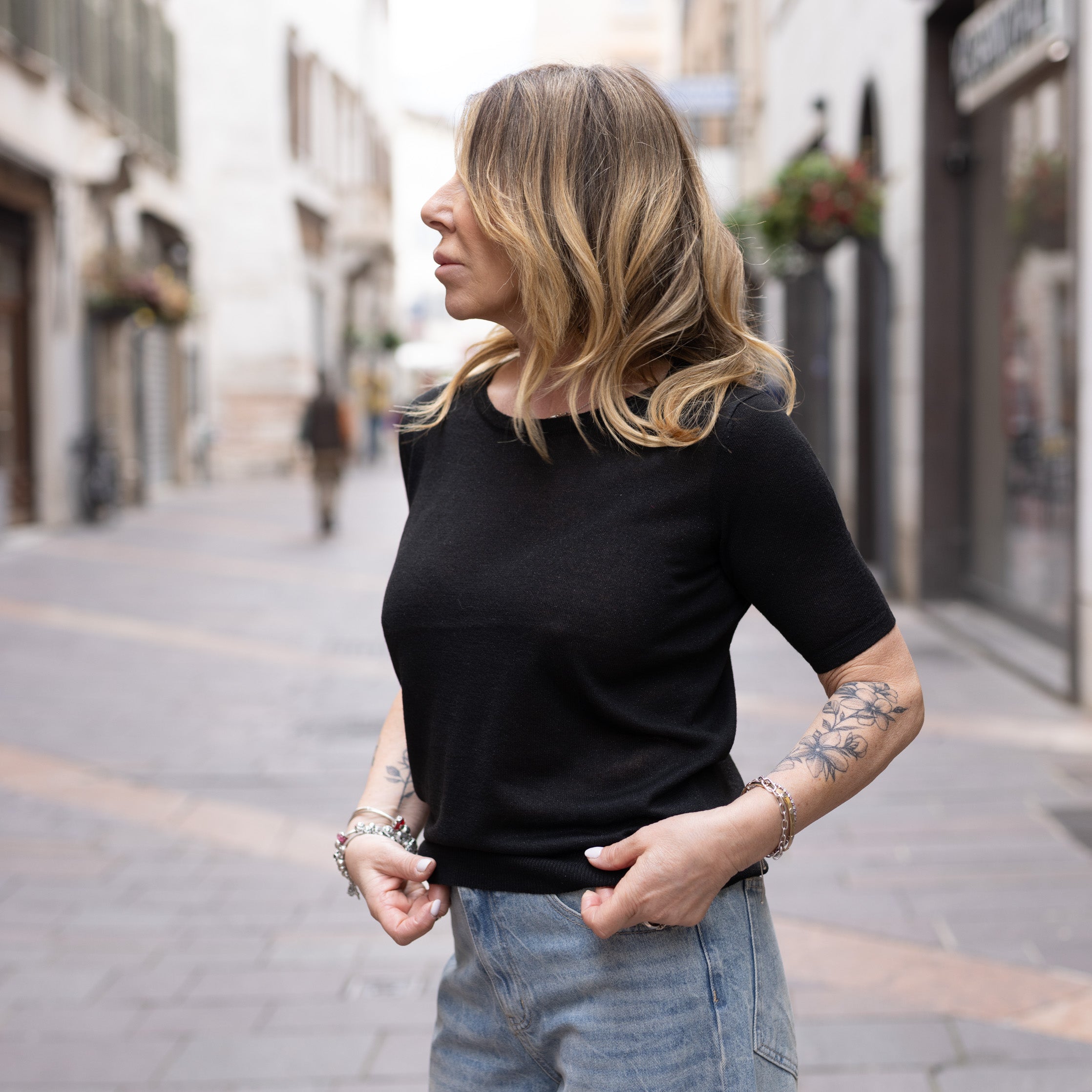 Maglia Brigitta in lurex - manica a 3/4 - Nera