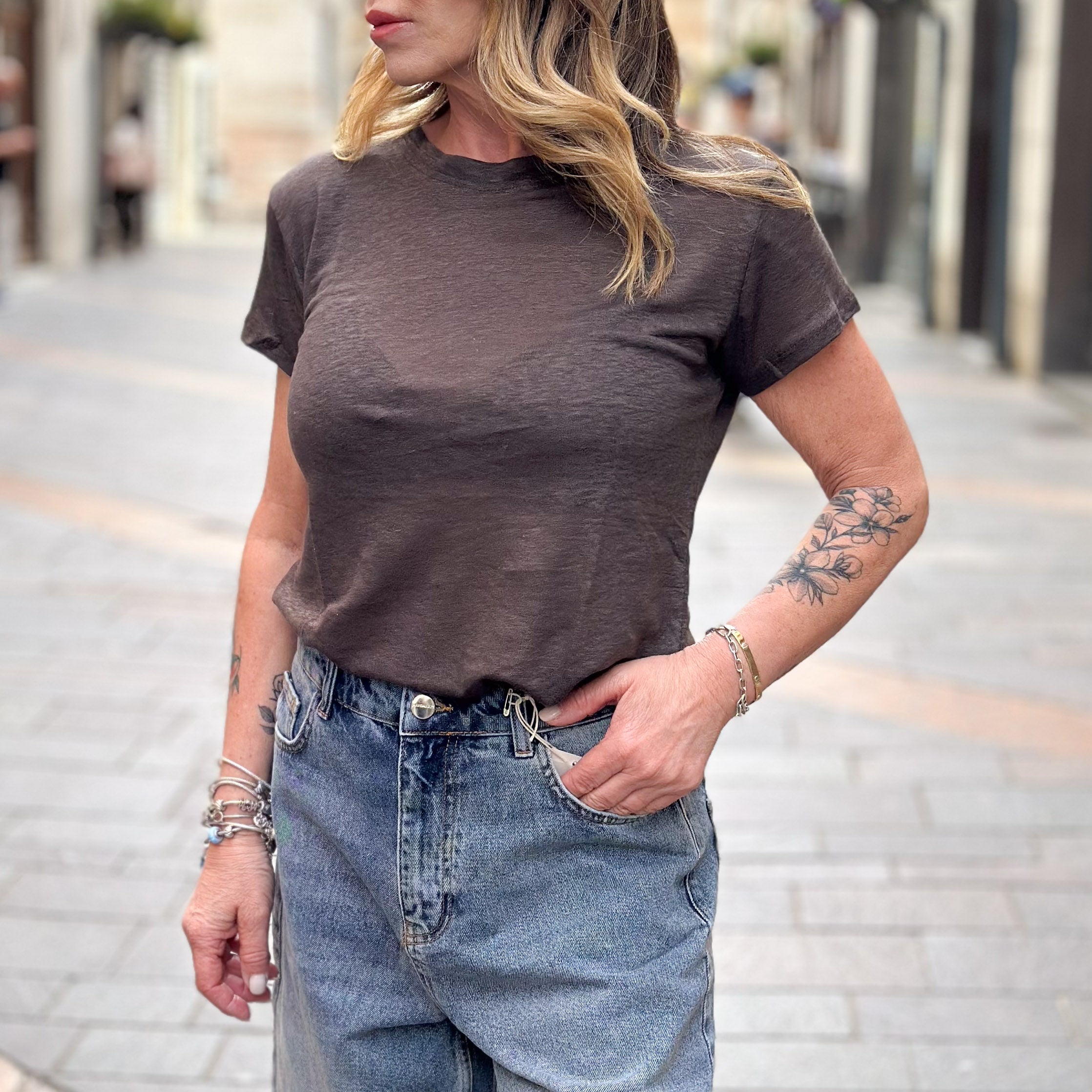 Maglietta in lino - Bianca e Marrone