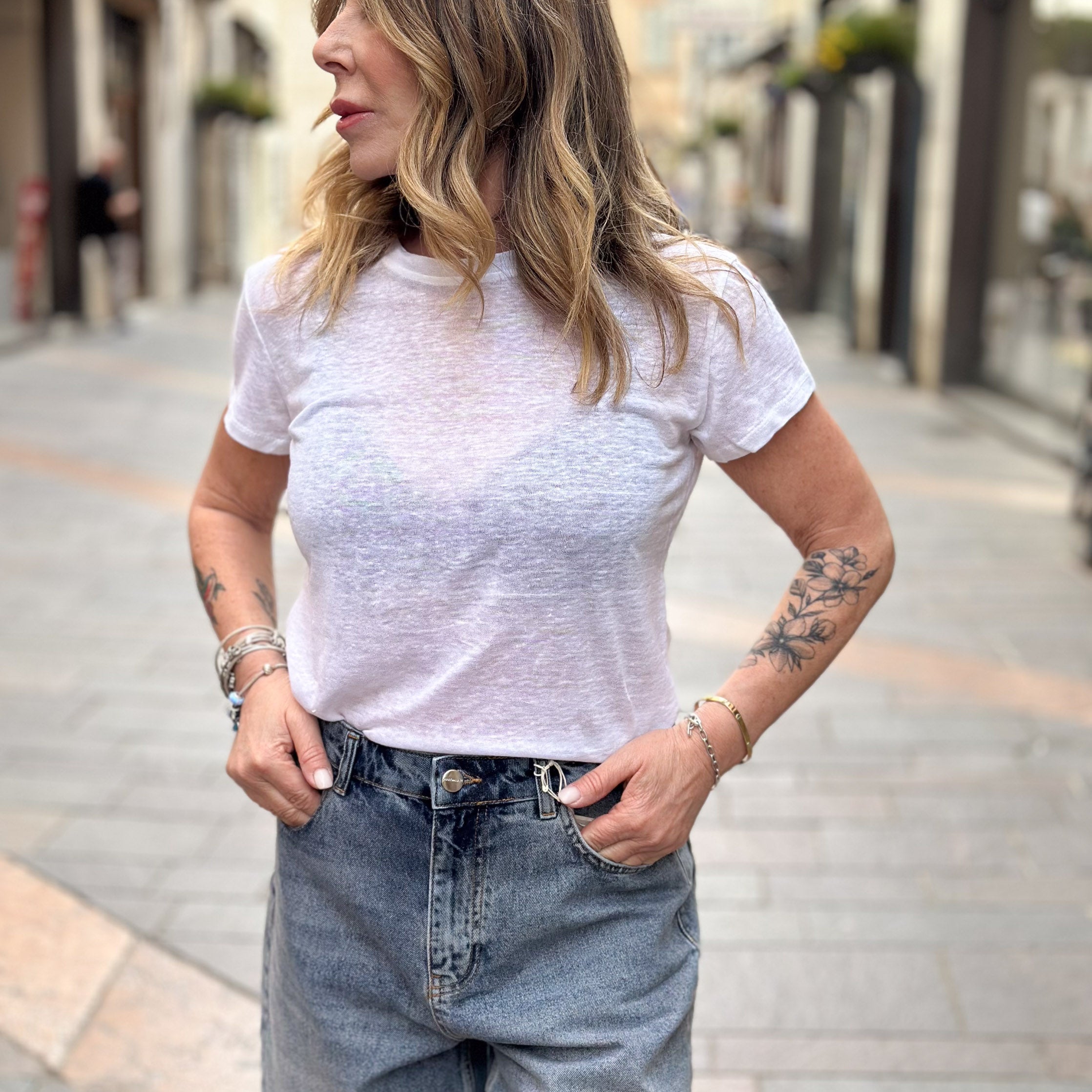 Maglietta in lino - Bianca e Marrone